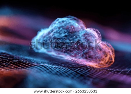 abstract cloud computing concept with glowing lines representing network connections and data transfer.