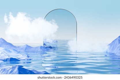 Abstract cloud and geometric frame on the water surface, 3d rendering. 3d illustration.