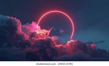 An Abstract cloud illuminated with neon light ring on dark night sky. Glowing geometric shape, round frame - Powered by Shutterstock