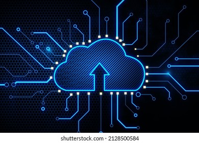 Abstract cloud technology background with blue digital cloud symbol with arrow up and lots of glowing circuit lines around. 3D rendering - Powered by Shutterstock