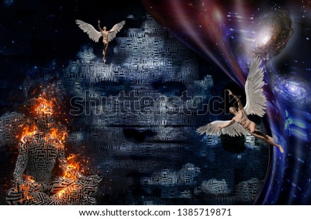 Abstract clouds. Words. Burning man in lotus pose. Pattern of maze on his skin. Face  in the sky. Naked man with wings represents angel. Warped space. 3D rendering