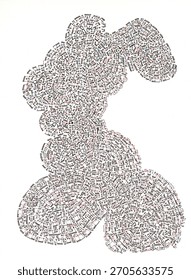 Abstract coiled shape made of spiraling musical notation. A snake-like structure of warped sheet music and notes winding through a white background.