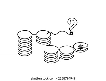 Abstract coins with question mark as continuous lines drawing on white background