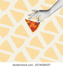 Abstract collage illustration of woman hand picking one triangle pizza slice. Pizza slices triangle shadows background. Grunge and noise effect applied. Retro vintage style