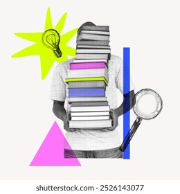 Abstract collage of man holding a stack of books. Books, lightbulb and magnifying glass show research and education creative collage. Education and learning concept collage with man holding books - Powered by Shutterstock