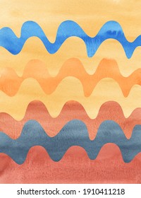 Abstract collage watercolor waves, striped  painted background. Paper texture.