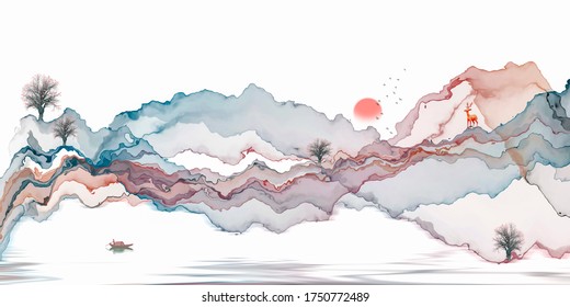 Abstract color lines, ink landscape decorative painting