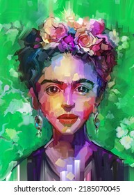 Abstract Color Paint A Portrait In Oil Painting. Modern Art, Portrait Of Young Girl, Child Face With Flower On Hair. Illustration Artwork Paint Design On Canvas Texture Background, Impressionism Style