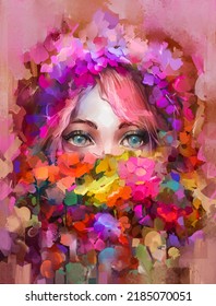 Abstract Color Paint, Portrait Of Person In Oil Painting. Modern Art, Beauty Portrait Of A Young Female Model. Fashion Illustration Artwork, Paint Lady - Woman Face With Colorfull Flower Design