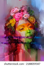 Abstract color paint  portrait person in oil painting  Modern art  Beauty portrait young female model  Fashion illustration artwork  paint lady    woman face and colorfull flower design