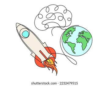 Abstract color rocket and brain as continuous line drawing white background