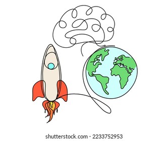 Abstract color rocket and brain as continuous line drawing white background