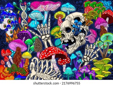 Abstract colorful background and bright magical psychedelic mushrooms   skulls  Hand  drawn print  Hippie magic mushrooms illustration print  Texture background for creativity   advertising