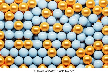 Abstract Colorful Background. Glossy Light Blue Golden Balls, Candy Dragee Or Sweet Gumballs. Kid Dry Pool For Fun Games, Pile Plastic Of Toys For Playground 3d Illustration, Mockup Texture Or Pattern