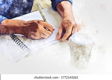 Abstract Colorful Business Man Drawing And Writing Creative Work On Table In The Offices On Watercolor Illustration Painting Background.