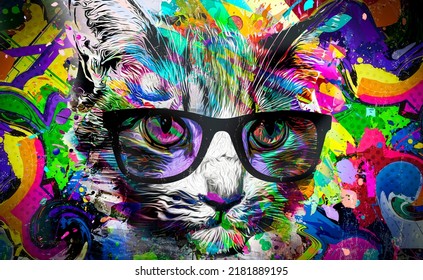 Abstract Colorful Cat Muzzle Illustration, Graphic Design Concept Color Art