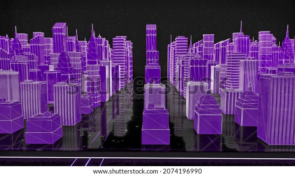 Abstract colorful constructions of a colorful city\
3D layout. Animation. Flying above skyscrapers and buildings of a\
digital town.