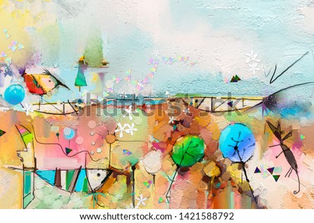Abstract colorful fantasy oil, acrylic painting. Semi- abstract paint of tree, fish and bird in landscape. Spring, summer season nature background. Hand painted, children painting style