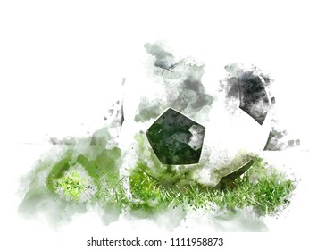 Abstract colorful football on green grass on watercolor  illustration painting background.
