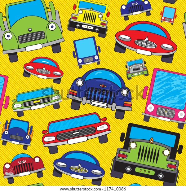 Abstract colorful funny cars print background.\
Seamless\
pattern.