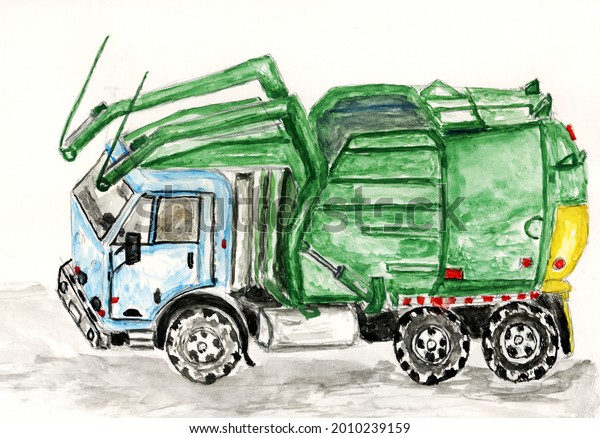 Abstract colorful garbage truck hand\
drawing\
illustration.