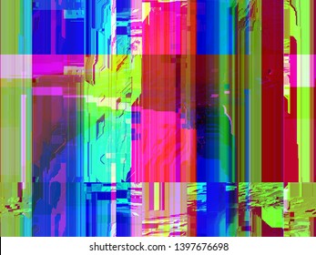 Abstract colorful GLITCH ART background, broken pixel, Tv or computer screen failure, mix media, digital art, drawing, paper. Futuristic 8 bits pop modern retro technology trendy designing motif