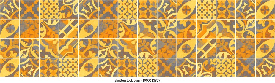 Abstract Colorful Gray Yellow Orange Patchwork Mosaic Concrete Cement Tiles Wall Wallpaper Pattern Texture Background Banner Panorama