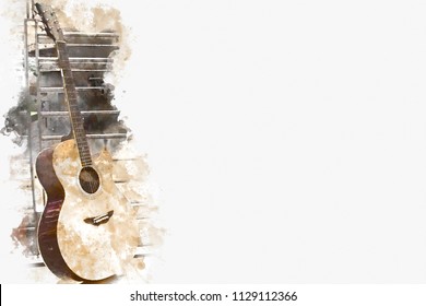 Abstract colorful Guitar in the foreground on Watercolor painting background and Digital illustration brush to art. - Powered by Shutterstock