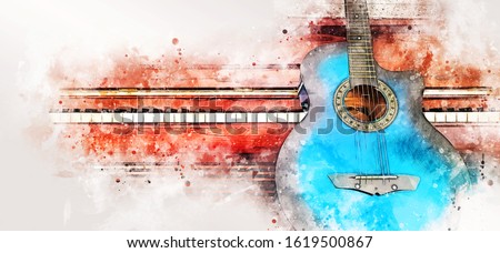 Abstract colorful guitar and piano keyboard on watercolor illustration painting background.