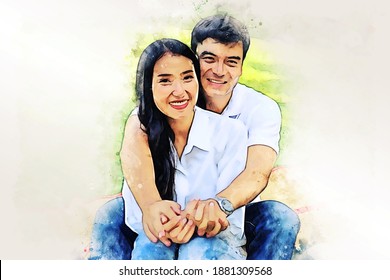 Abstract colorful happiness young couple family relaxation in holiday weekend at home on watercolor illustration painting background. - Shutterstock ID 1881309568
