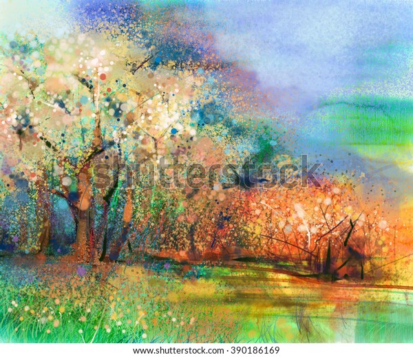 抽象的なカラフルな風景画 紙に油絵を混ぜ水彩画法 黄色と赤の背景に青い空を持つ木と野原の半抽象的な画像 春の自然の背景 のイラスト素材