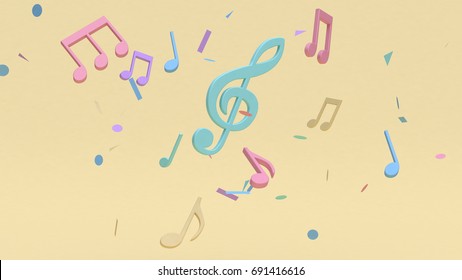 Abstract Colorful Many Music Note,key Sol Cartoon Style Soft Yellow Minimal Background 3d Rendering