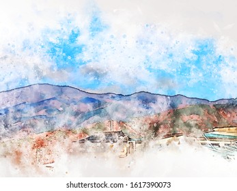 Abstract Colorful Mountain Range Lanscape In Japan On Watercolor Illustration Painting Background.