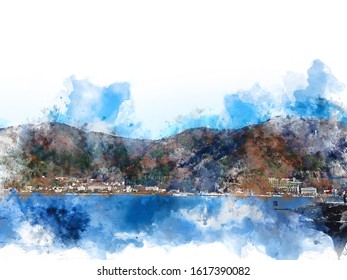 Abstract Colorful Mountain Range Lanscape In Japan On Watercolor Illustration Painting Background.