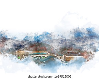 Abstract Colorful Mountain Range Lanscape In Tokyo On Watercolor Illustration Painting Background.