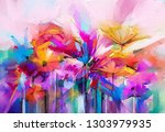 Abstract colorful oil, acrylic painting of spring flower. Hand painted brush stroke on canvas. Illustration oil painting floral for background. Modern art paintings flowers with yellow, red color.