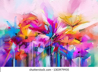 Abstract Colorful Oil, Acrylic Painting Of Spring Flower. Hand Painted Brush Stroke On Canvas. Illustration Oil Painting Floral For Background. Modern Art Paintings Flowers With Yellow, Red Color.