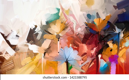 Abstract colorful oil, acrylic painting of spring flower. Hand painted brush stroke on canvas. Illustration oil painting floral for background. Modern art paintings flowers with yellow, red color.