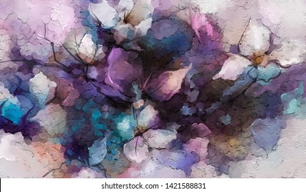 Abstract Colorful Oil, Acrylic Painting Of Spring Flower. Hand Painted Brush Stroke On Canvas. Illustration Oil Painting Floral For Background. Modern Art Paintings Flowers With Purple Red Color.