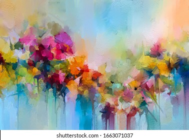 Abstract colorful oil, acrylic painting of spring flower. Hand painted brush stroke on canvas. Illustration oil painting floral for background. Modern art paintings flowers with yellow, red color.