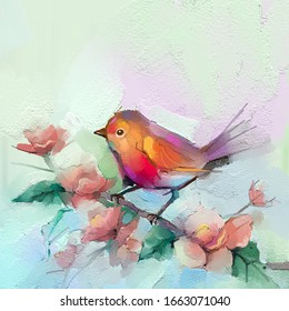 Abstract Colorful Oil, Acrylic Painting Of Bird And Spring Flower. Modern Art Paintings Brush Stroke On Canvas. Illustration Oil Painting, Animal And Floral For Background.