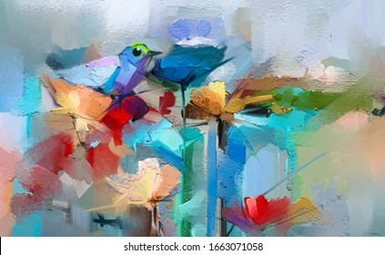 Abstract Colorful Oil, Acrylic Painting Of Bird And Spring Flower. Modern Art Paintings Brush Stroke On Canvas. Illustration Oil Painting, Animal And Floral For Background.