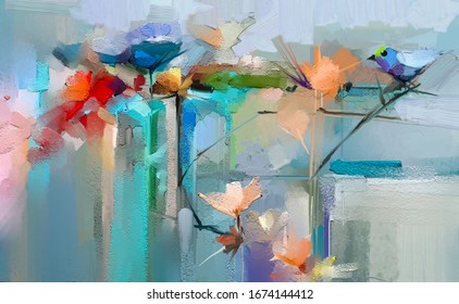 Abstract colorful oil, acrylic painting of bird and spring flower. Modern art paintings brush stroke on canvas. Illustration oil painting, animal and floral for background.