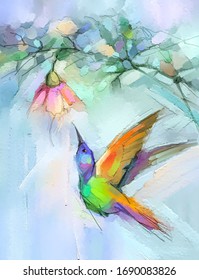 Abstract colorful oil, acrylic painting of bird (Hummingbird) and spring flower. Modern art paintings brush stroke on canvas. Illustration oil painting, animal and floral for background.