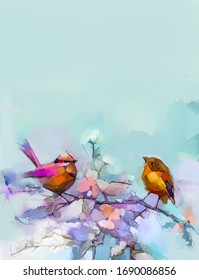 Abstract Colorful Oil, Acrylic Painting Of Bird And Spring Flower. Modern Art Paintings Brush Stroke On Canvas. Illustration Oil Painting, Animal And Floral For Background.