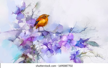 Abstract Colorful Oil, Acrylic Painting Of Bird And Spring Flower. Modern Art Paintings Brush Stroke On Canvas. Illustration Oil Painting, Animal And Floral For Background.