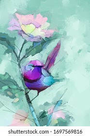 Abstract Colorful Oil, Acrylic Painting Of Bird And Spring Flower. Modern Art Paintings Brush Stroke On Canvas. Illustration Oil Painting, Animal And Floral For Background.