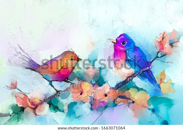 Abstract colorful oil,\
acrylic painting of bird and spring flower. Modern art paintings\
brush stroke on canvas. Illustration oil painting, animal and\
floral for\
background.