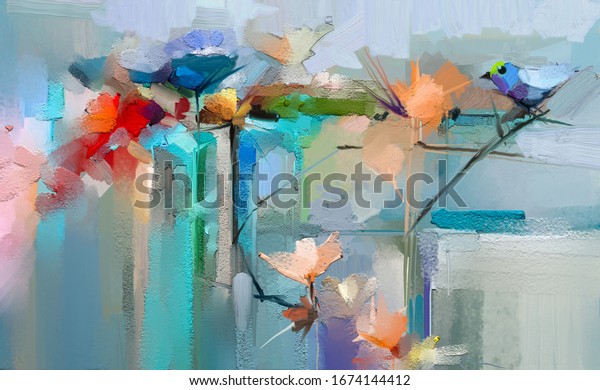 Abstract colorful oil, acrylic painting of bird and spring flower. Modern art paintings brush stroke on canvas. Illustration oil painting, animal and floral wall mural. 