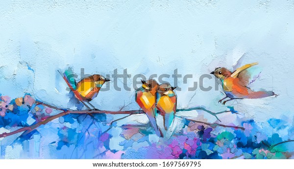 Colorful oil, acrylic painting of bird and spring flower. Modern art paintings brush stroke on canvas. Animal and floral abstract wall mural